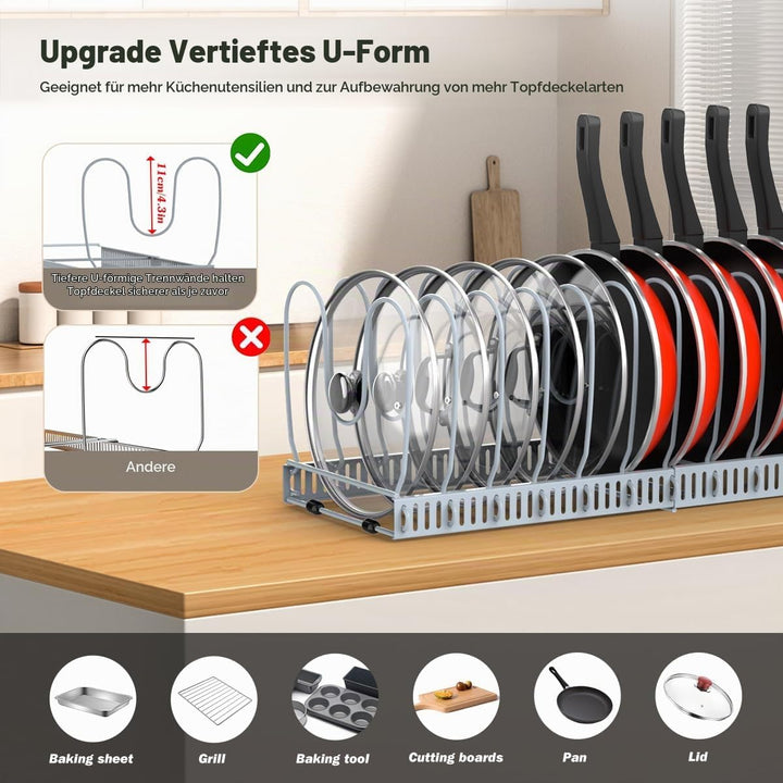 Housolution Pfannenhalter für Schublade, Erweiterbarer Topfdeckelhalter mit 14 Verstellbaren Teiler,