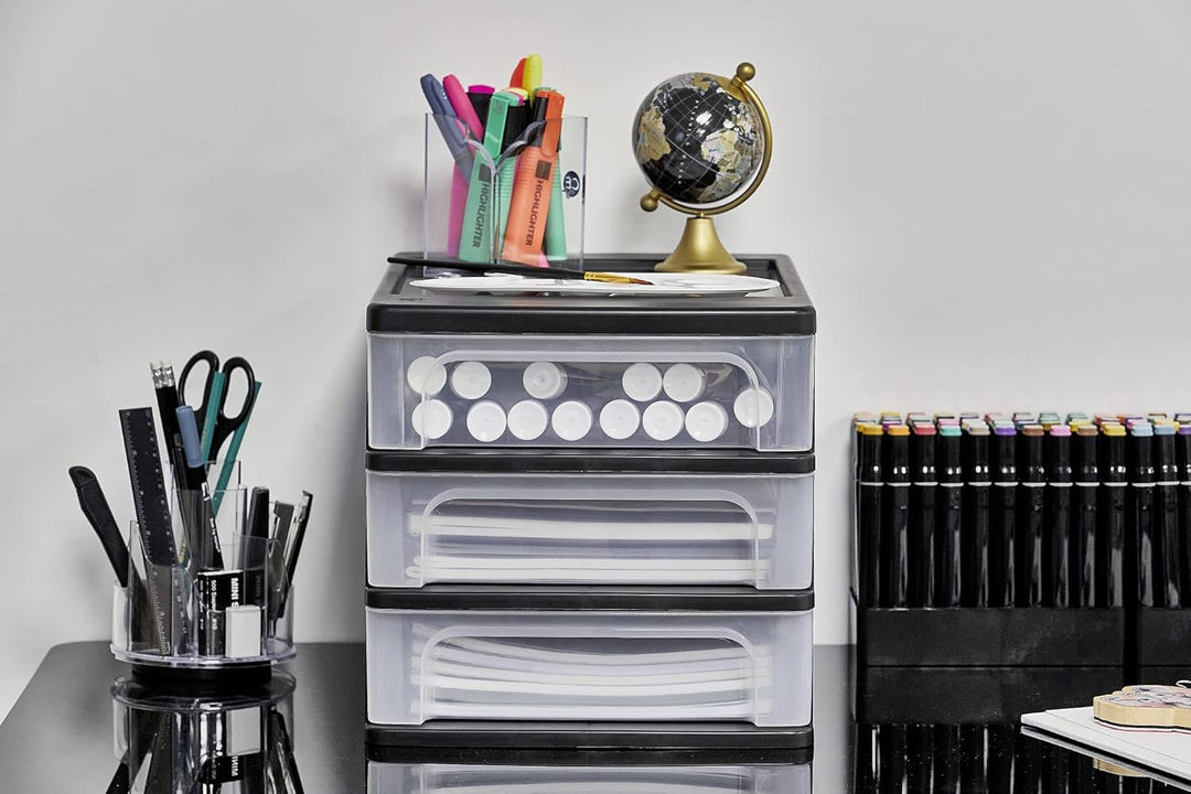 Iris Ohyama, Schreibtisch-Organizer mit 3 flachen Schubladen, Schwarz, Easy-Pull-System, A4, A5 & A6