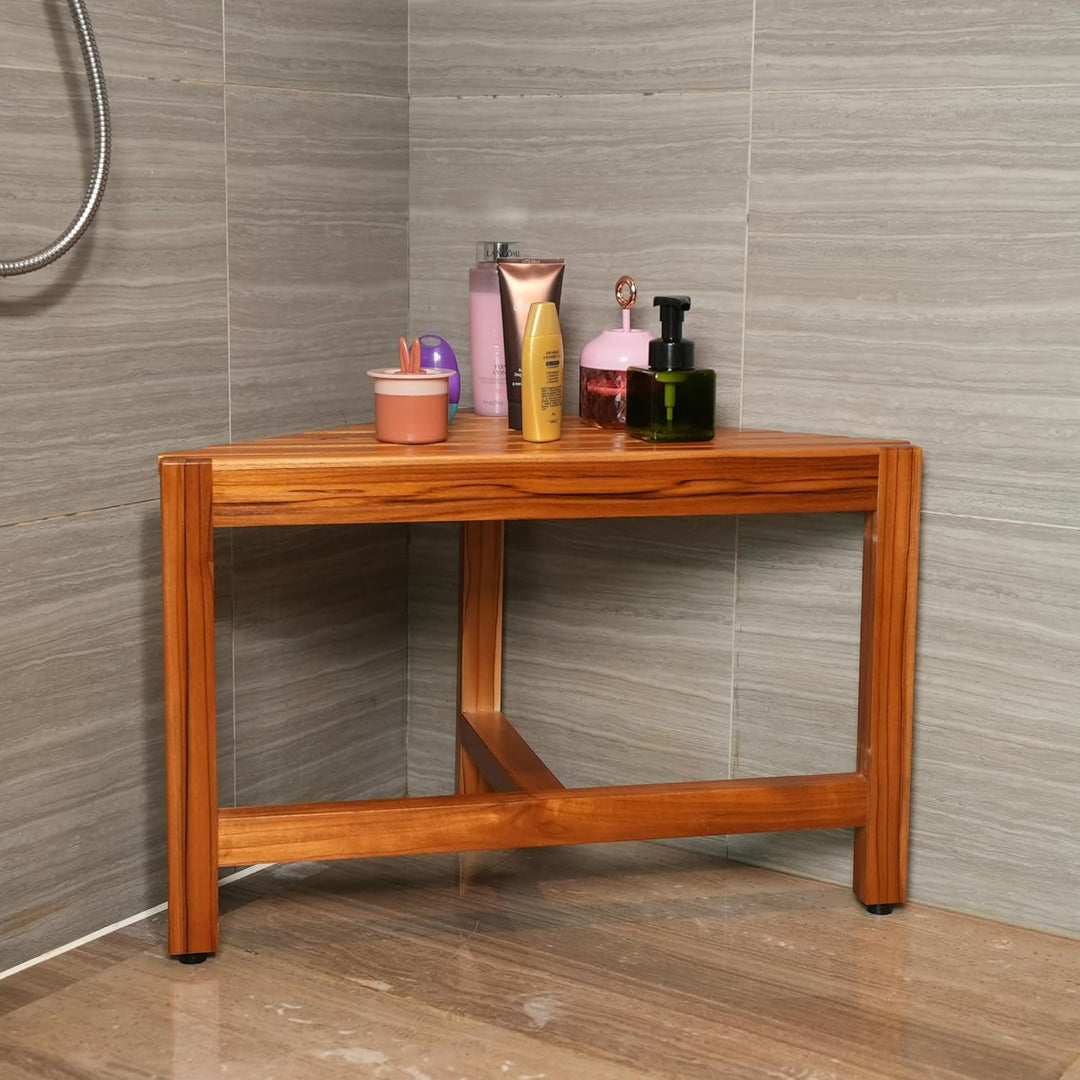 Eck-Duschhocker aus Teakholz,Duschhocker Modern aus Holz, Eck-Duschhocker fürs Badezimmer, Duschhock