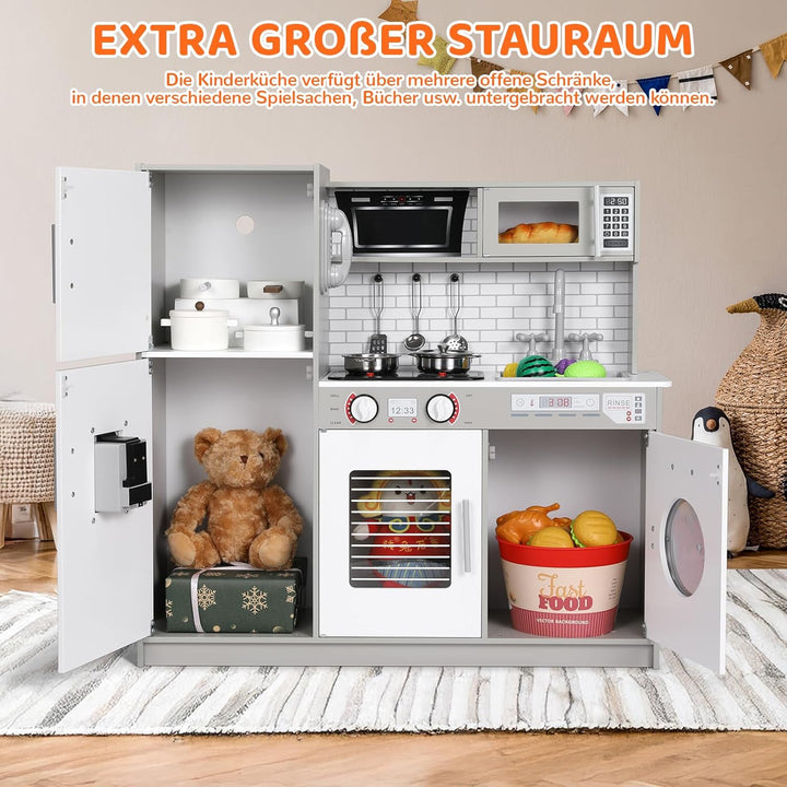MAMIZO Kinderküche Holz, Spielküchen aus Holz für Kinder, Spielzeugküche mit Licht und Sound, 82x80x