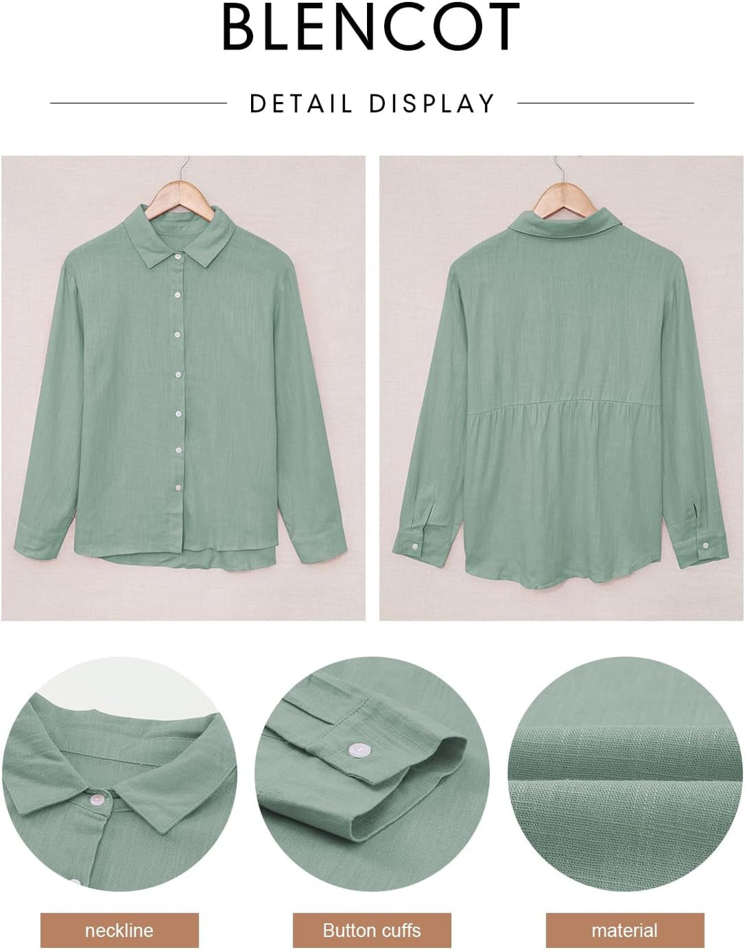 BLENCOT Damen Bluse Langarm Hemden Casual V-Ausschnitt Roll Up Ärmel Button Down Blusen Tops S Grün-