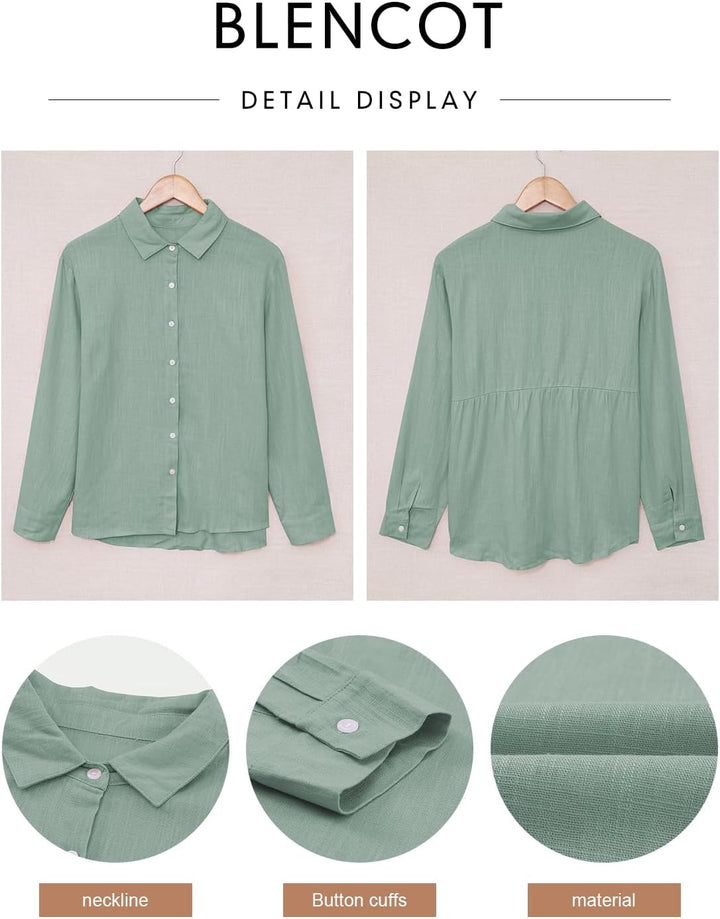 BLENCOT Damen Bluse Langarm Hemden Casual V-Ausschnitt Roll Up Ärmel Button Down Blusen Tops S Grün-