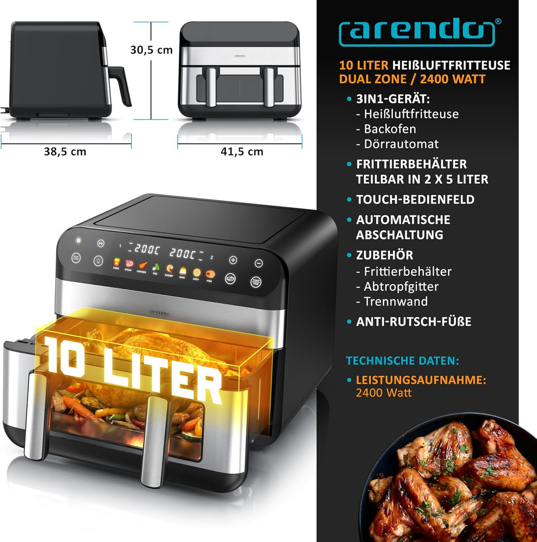 Arendo - XXL Heissluftfritteuse 10 Liter - 2 Kammern trennbar / 1 Kammer Match Funktion - extra Gros