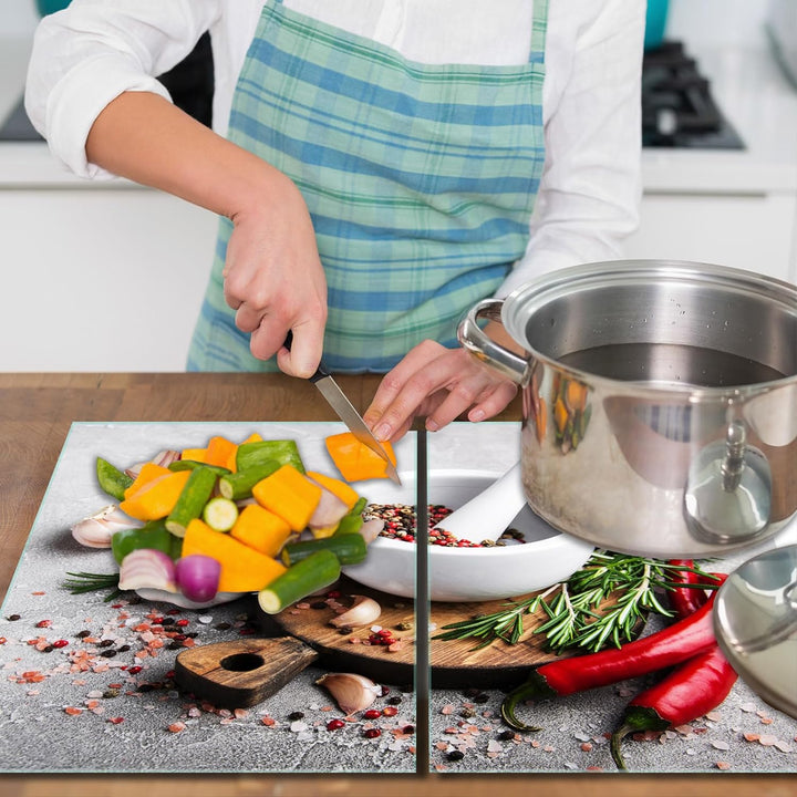 SmartDecoration Herdabdeckplatte Ceranfeldabdeckung aus Glas 2 x 30x52 cm Zweiteilig Motiv "Gewürze"