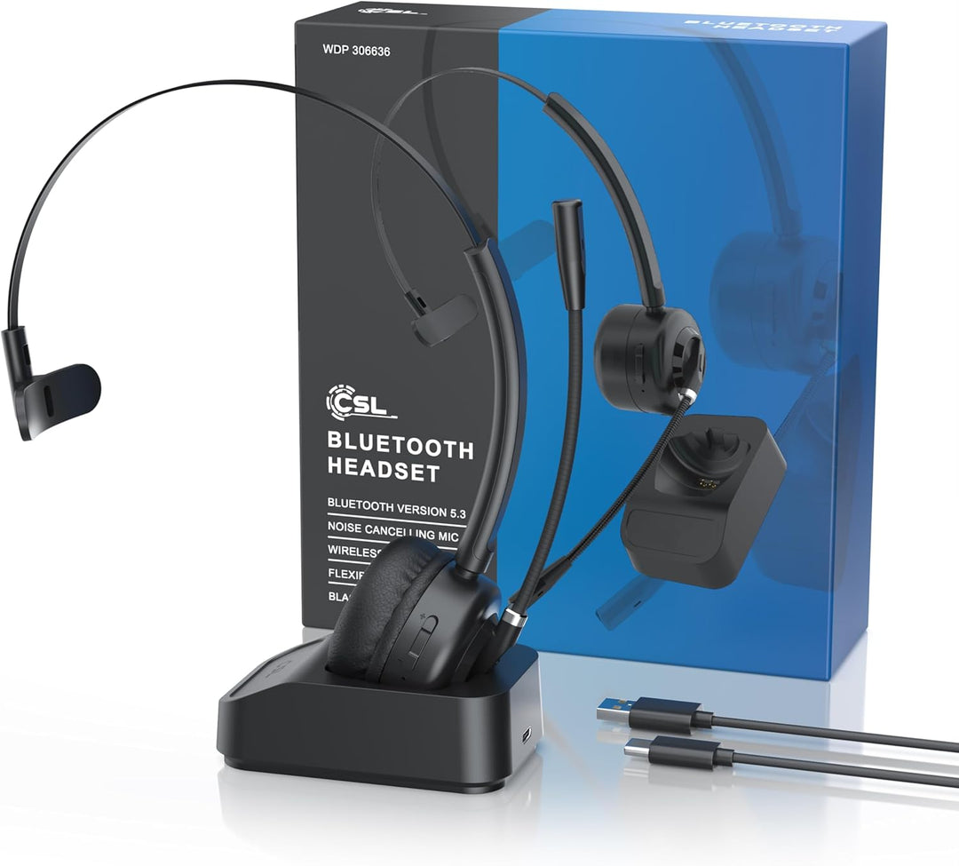 CSL - Bluetooth 5.3 Headset mit Ladestation - PC Headset mit flexiblem Mikrofon - Multipoint - kabel