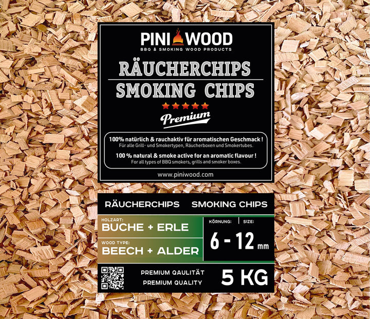 PINI 5 Kg Räucherchips Buche und Erle gemischt 6-12 mm Smoking Chips Räucherspäne 18 Liter