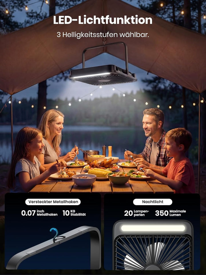 Warmco 20000mAh Tragbarer Camping Ventilator 27cm mit LED-Licht, Ultra-Leise, Dünn, Digitalanzeige,