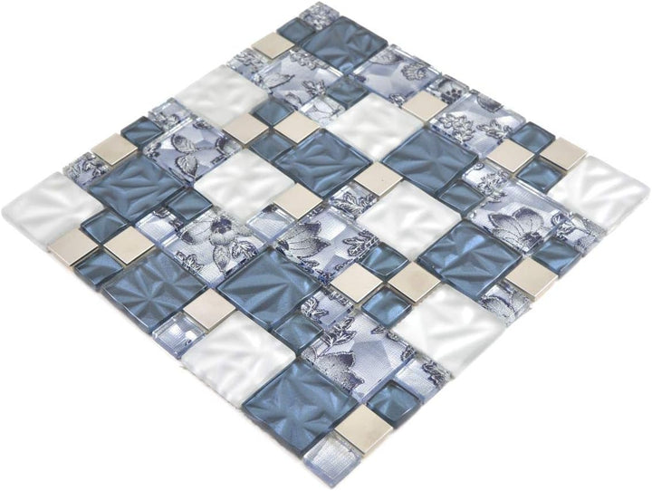 Mosaik Fliese Kombination Crystal/Stahl mix grau/blau für WAND BAD WC KÜCHE FLIESENSPIEGEL THEKENVER