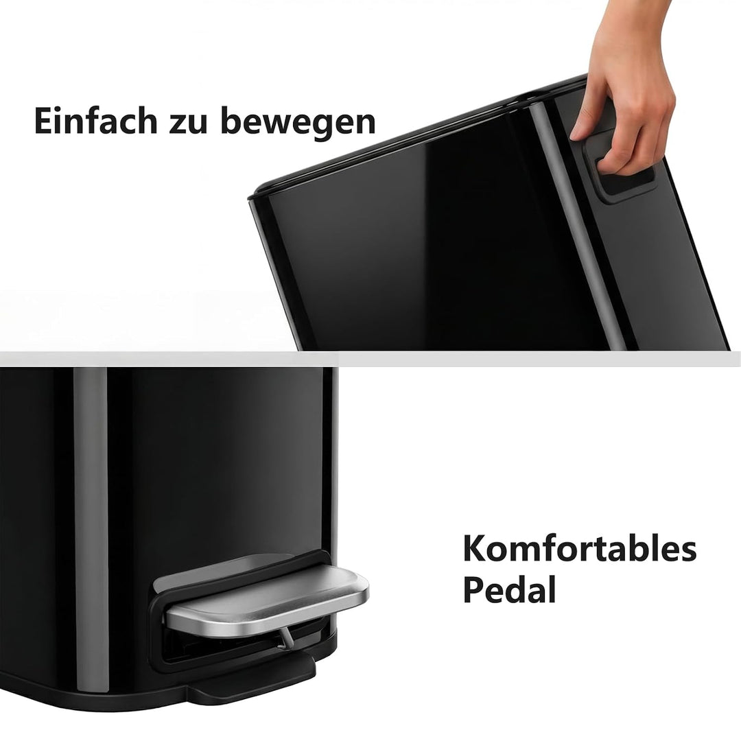 mVm Mülleimer Küche 6L, Mülleimer Bad, Abfalleimer Edelstahl, Schwarz | Soft-Close, Herausnehmbarem