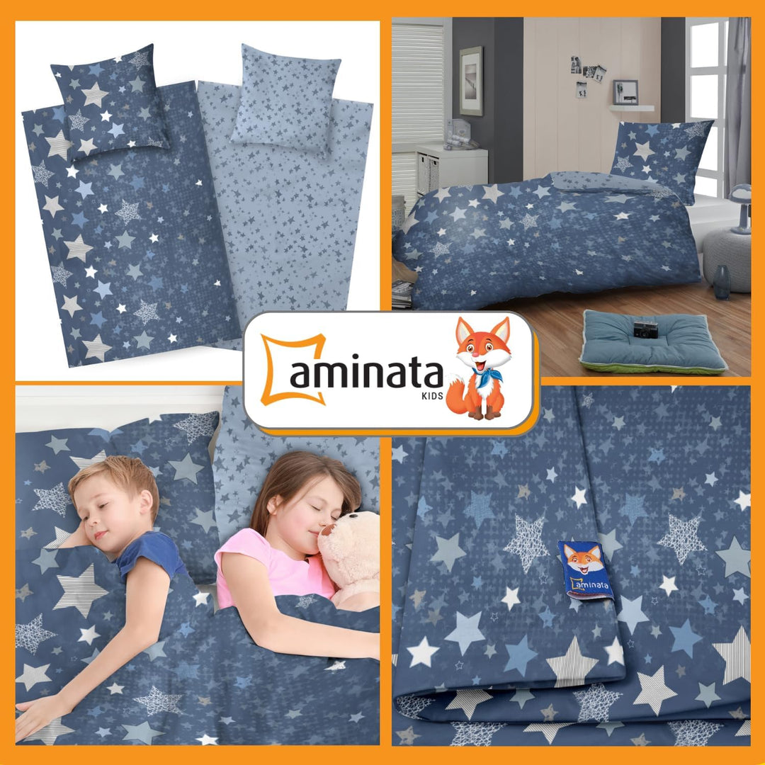 Aminata kids Bettwäsche 135x200 Sterne blau Baumwolle Stern-Motiv, Reissverschluss weich &amp; atmungsak