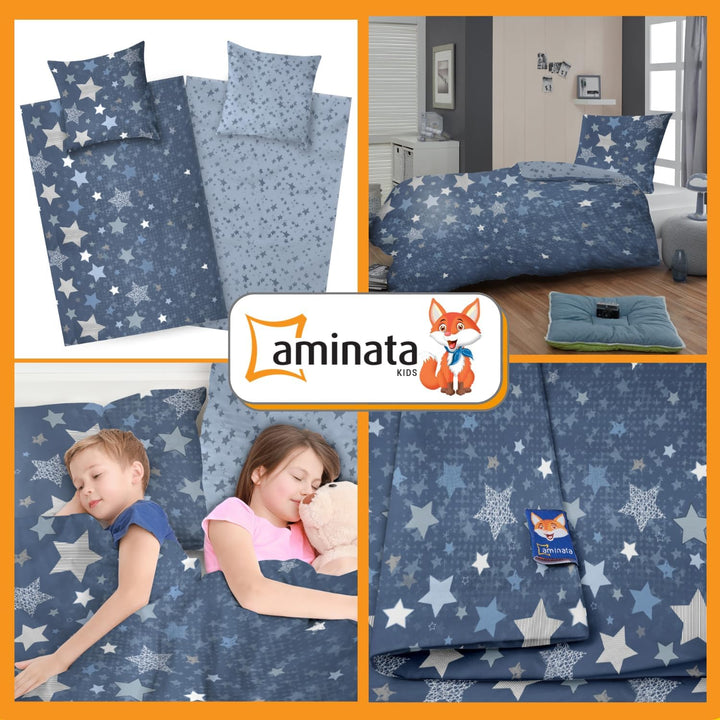 Aminata kids Bettwäsche 135x200 Sterne blau Baumwolle Stern-Motiv, Reissverschluss weich &amp; atmungsak