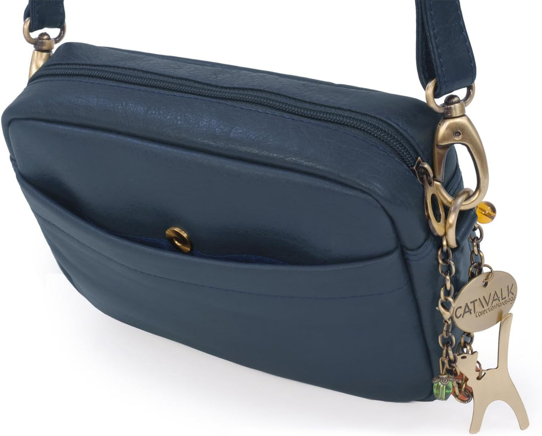 Catwalk Collection Handbags - Leder - Klein Umhängetasche Messenger/Schultertasche - POLLY Blau, Bla