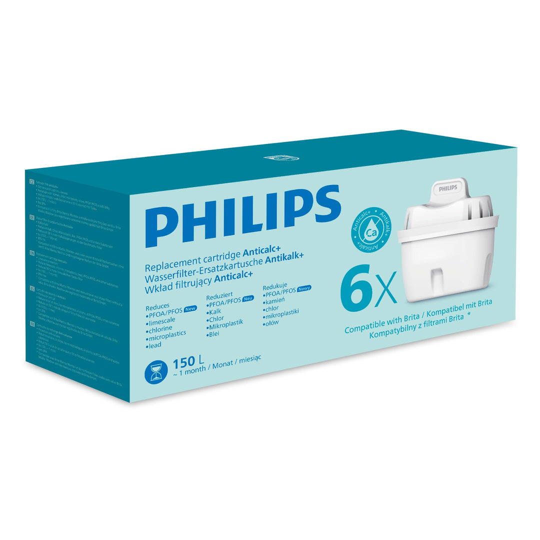 Philips Water Wasserfilter-Kartusche SOFTENING+, 6er-Pack, Brita-kompatibel, BIS ZU 50% WASSERHÄRTE