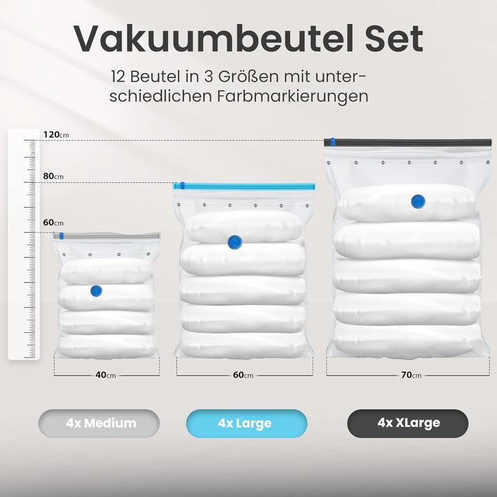 Vakuumbeutel Kleidung 12er Set 3 Grössen - Vakuum Beutel für Staubsauger Wiederverwendbar 100% Dicht