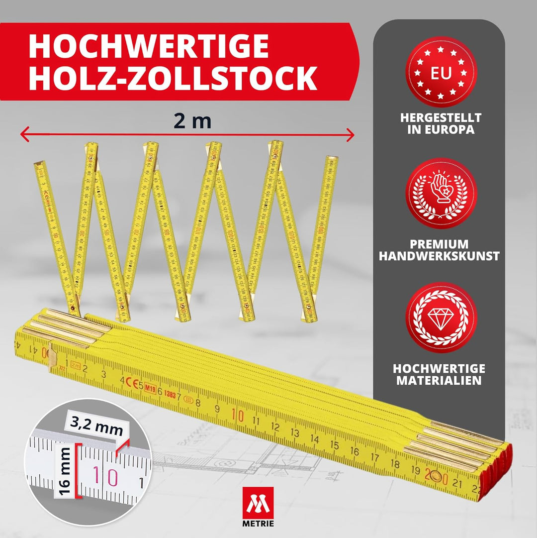 Metrie™ PERFEKT 10 Zollstock/Zollstöcke - Gliedermassstab | Massstab - 2m - gelb - Duplex Teilung, H