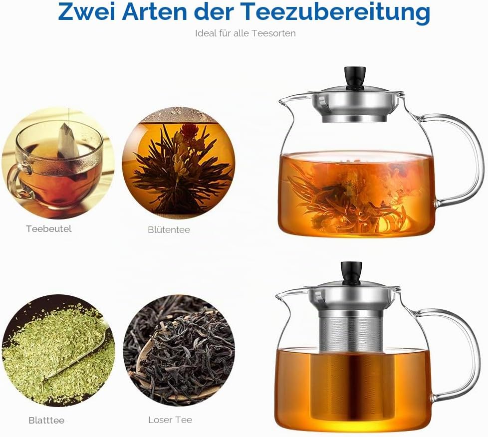 ecooe 1000mL Teekanne mit Stövchen Teebereiter Glas und Edelstahl Teewärmer Type6 Silberne Teekanne