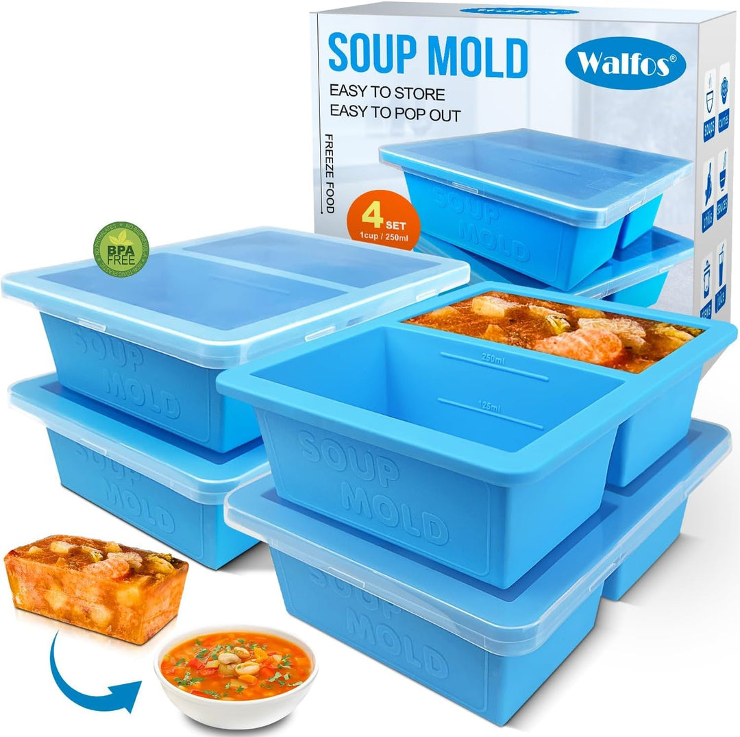 Walfos 1-Tasse Extragrosse Silikon Gefriertablett mit Deckel, 4 Packs Suppe Gefrierschrank Eiswürfel
