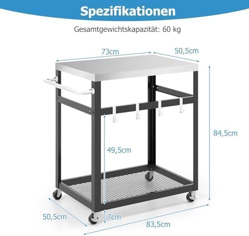 Generisch Grilltisch Outdoor, Grillwagen mit 2 Ablagen & 4 Rädern & Griff & 4 Haken, Pizzatisch Beis