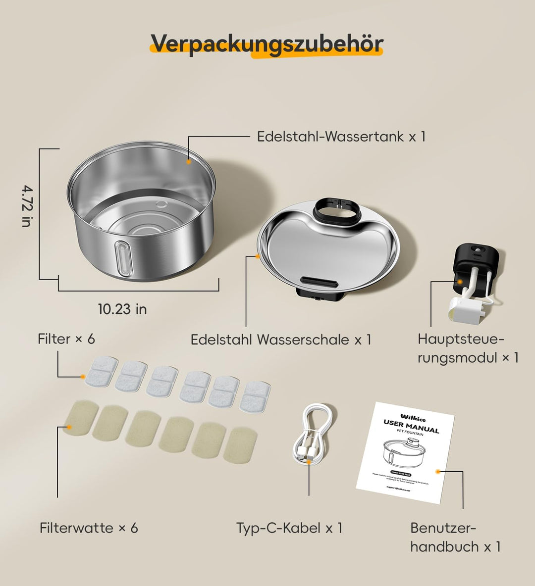 5,5 L Trinkbrunnen für Hunde Katzen Edelstahl Kabellos (6 Filter) | 5000mAh Akku mit bewegungsmelder
