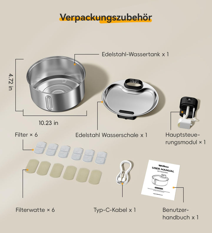 5,5 L Trinkbrunnen für Hunde Katzen Edelstahl Kabellos (6 Filter) | 5000mAh Akku mit bewegungsmelder