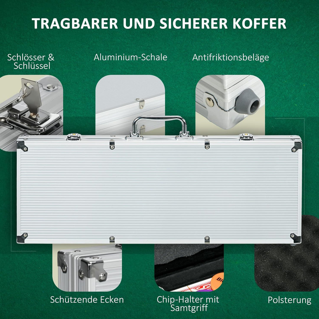 SPORTNOW Pokerkoffer Set, 500 Pokerchips 11,5 Gramm, Pokerset mit Schloss, 2 Pokerdecks, 5 Würfel, 1