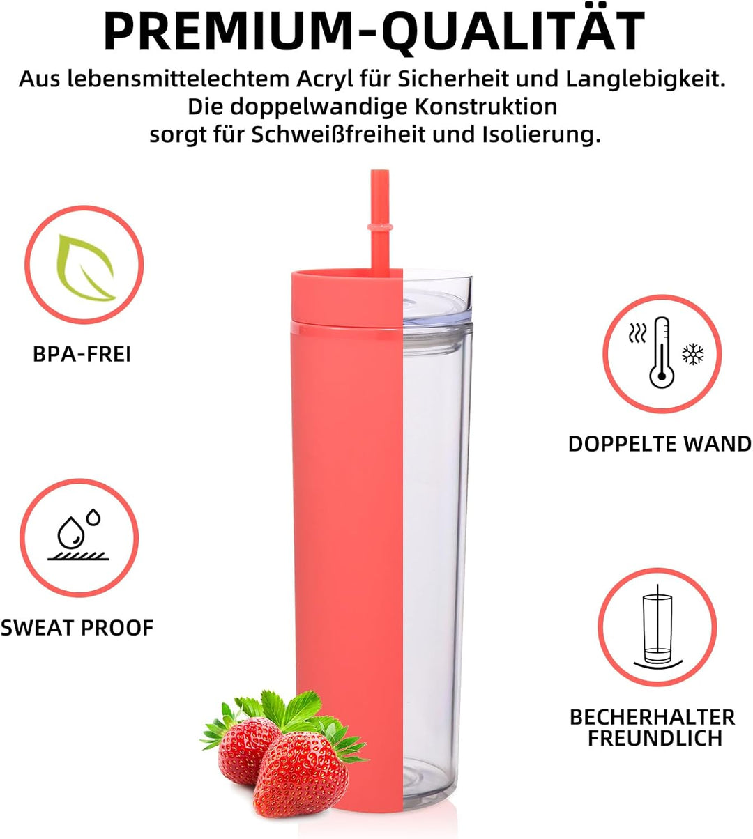 Volhoply 600ml Trinkbecher mit Deckel und Strohhalm Zehnerpack,Doppelwandiger Wiederverwendbar Reise
