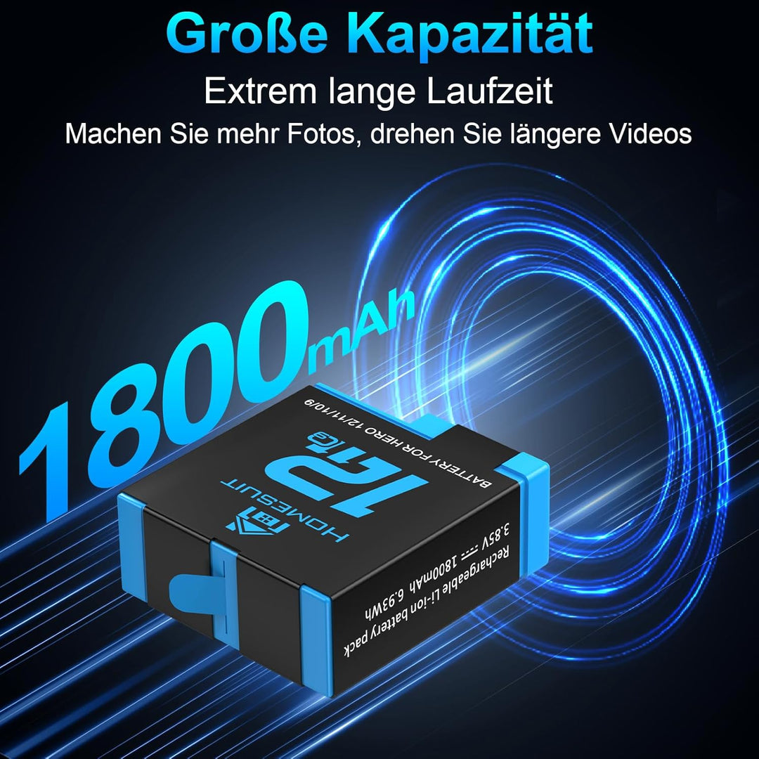 Homesuit Hero 12 11 10 9 Akku 1800mAh und 3-Kanal LED USB Ladegerät Kit mit Typ-C für GoproHero12Bla