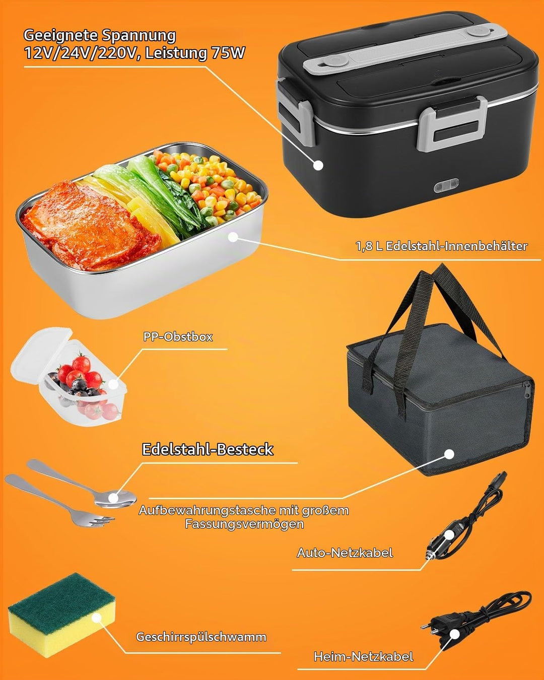Elektrische Lunchbox, 3-in-1 12/24/220V Thermo Lunch box, 1.8 L Grossbehälter Lunchbox Erwachsene, H