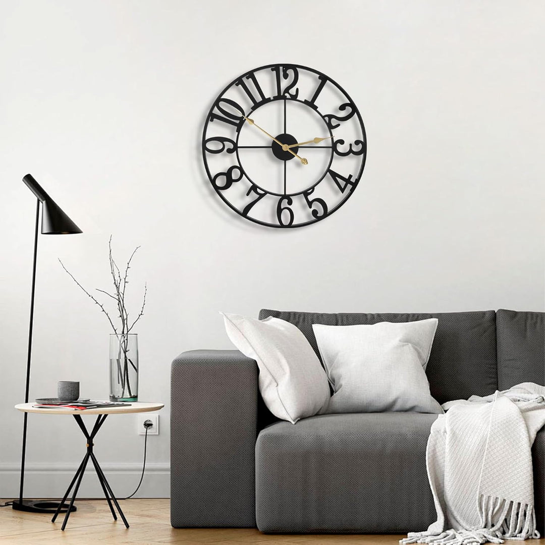 HAITANG Grosse Modern Wanduhr Wohnzimmer, Schwarz Wanduhr Rund Metall Geräuschlos Nicht Tickend Batt