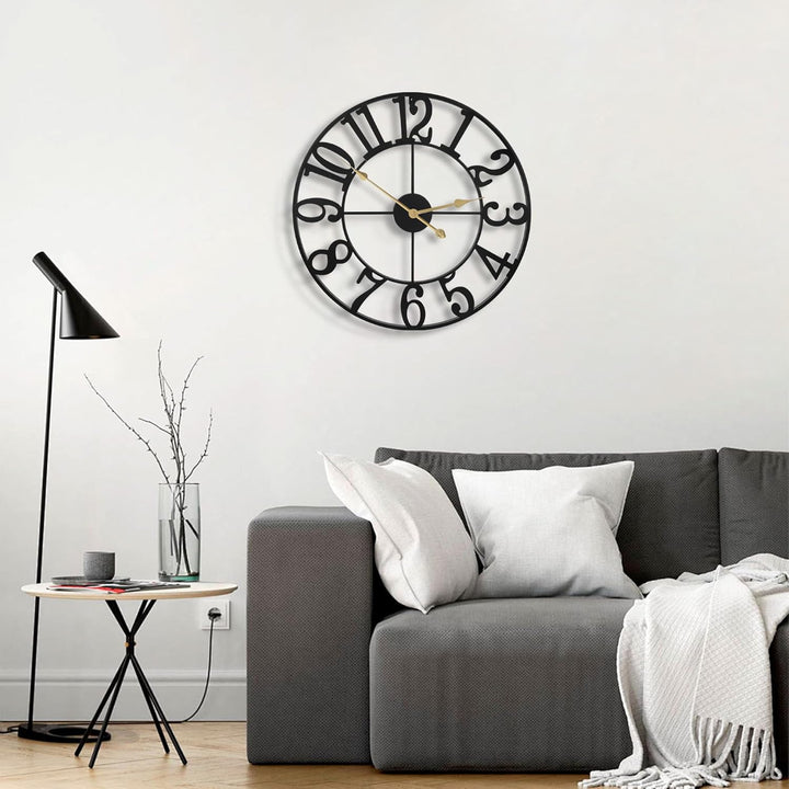 HAITANG Grosse Modern Wanduhr Wohnzimmer, Schwarz Wanduhr Rund Metall Geräuschlos Nicht Tickend Batt