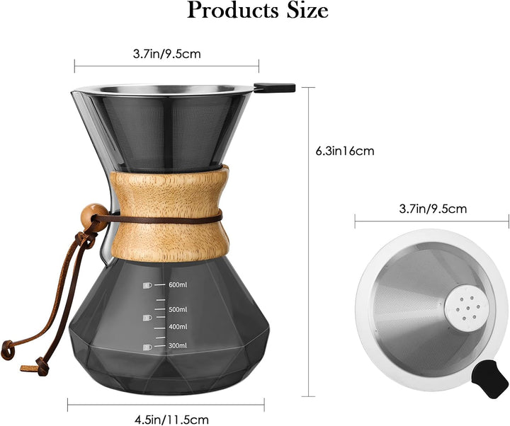 Lalord Pour Over Kaffeebereiter mit Edelstahlfilter, 600 ml Borosilikatglas Kaffeekaraffe, Holzkrage