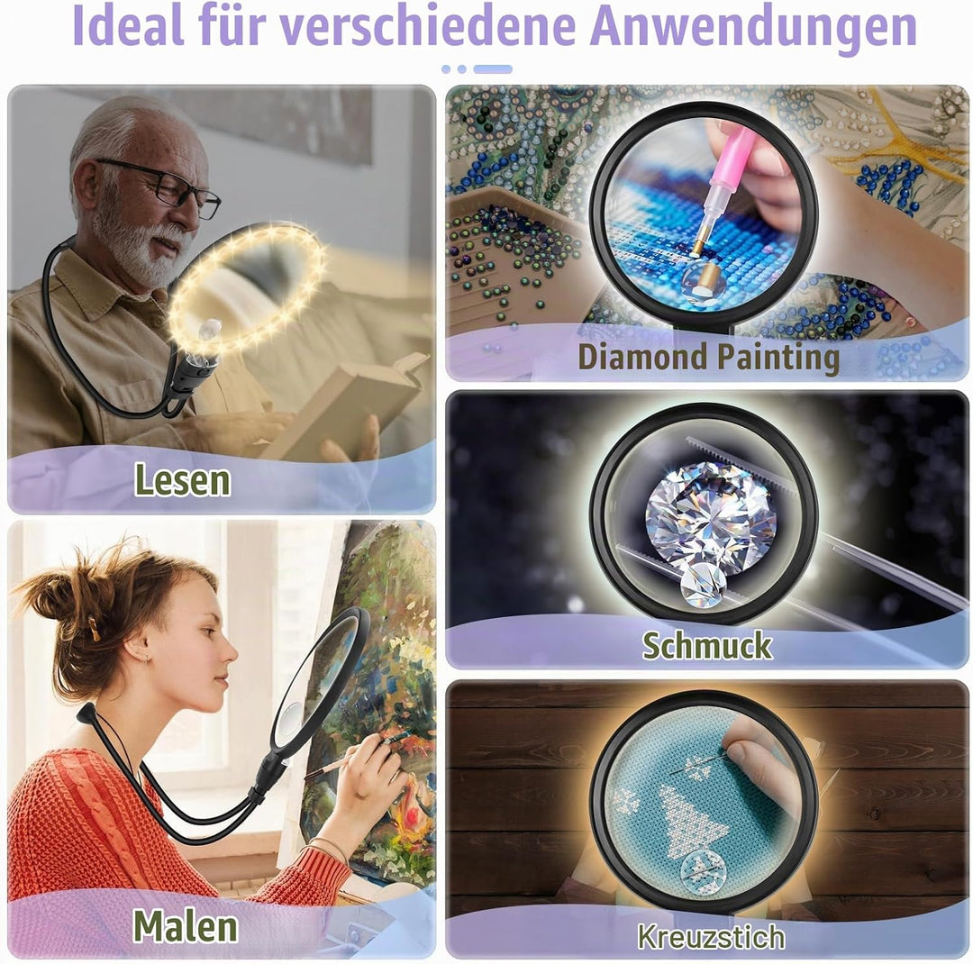 NZQXJXZ 10X Freihändig Lupe mit Licht, Einstellbare Leselupe für Senioren in der Nähe Arbeit, 3 Bele