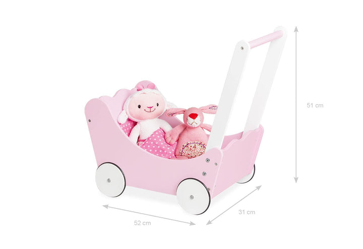 PINOLINO Puppenwagen Jasmin Komplettset, 4-tlg., Rosa & Weiss, Inkl. Bettzeug, Gummierte Räder, MDF,
