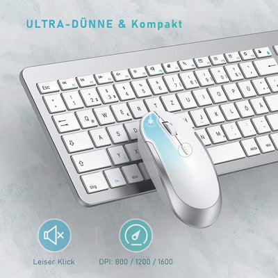 seenda Tastatur Maus Set Kabellos, Ultra-Dünne Wiederaufladbare, Ergonomische mit Silikon Staubschut