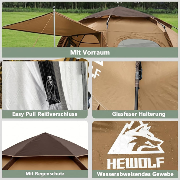 Hewolf Camping Zelt - Zelt 2/3/4 Personen Wasserdicht mit Vorzelt Familienzelt Einfache Einrichtung
