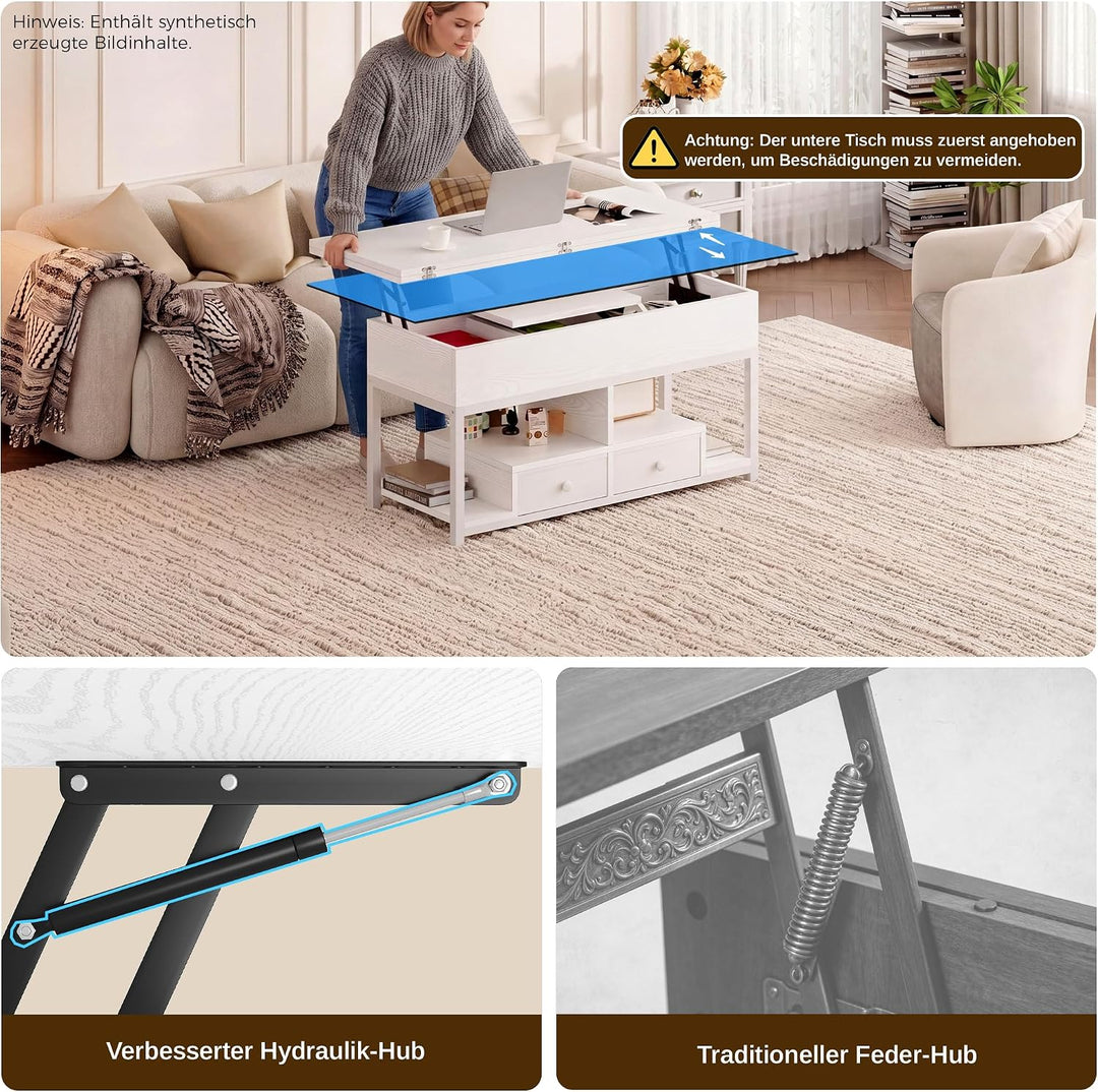 IRONCK Couchtisch höhenverstellbarer Wohnzimmertisch mit LED Beleuchtung und Steckdosen, 2 AC,1 USB