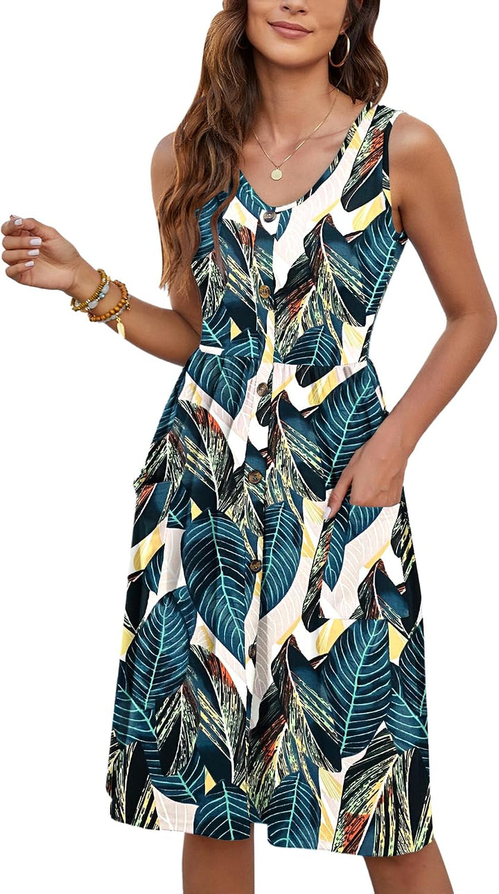 MOLERANI Damen Sommerkleider Ärmellos Lässig Locker Swing Button-Down Midikleid mit Taschen XL Blatt