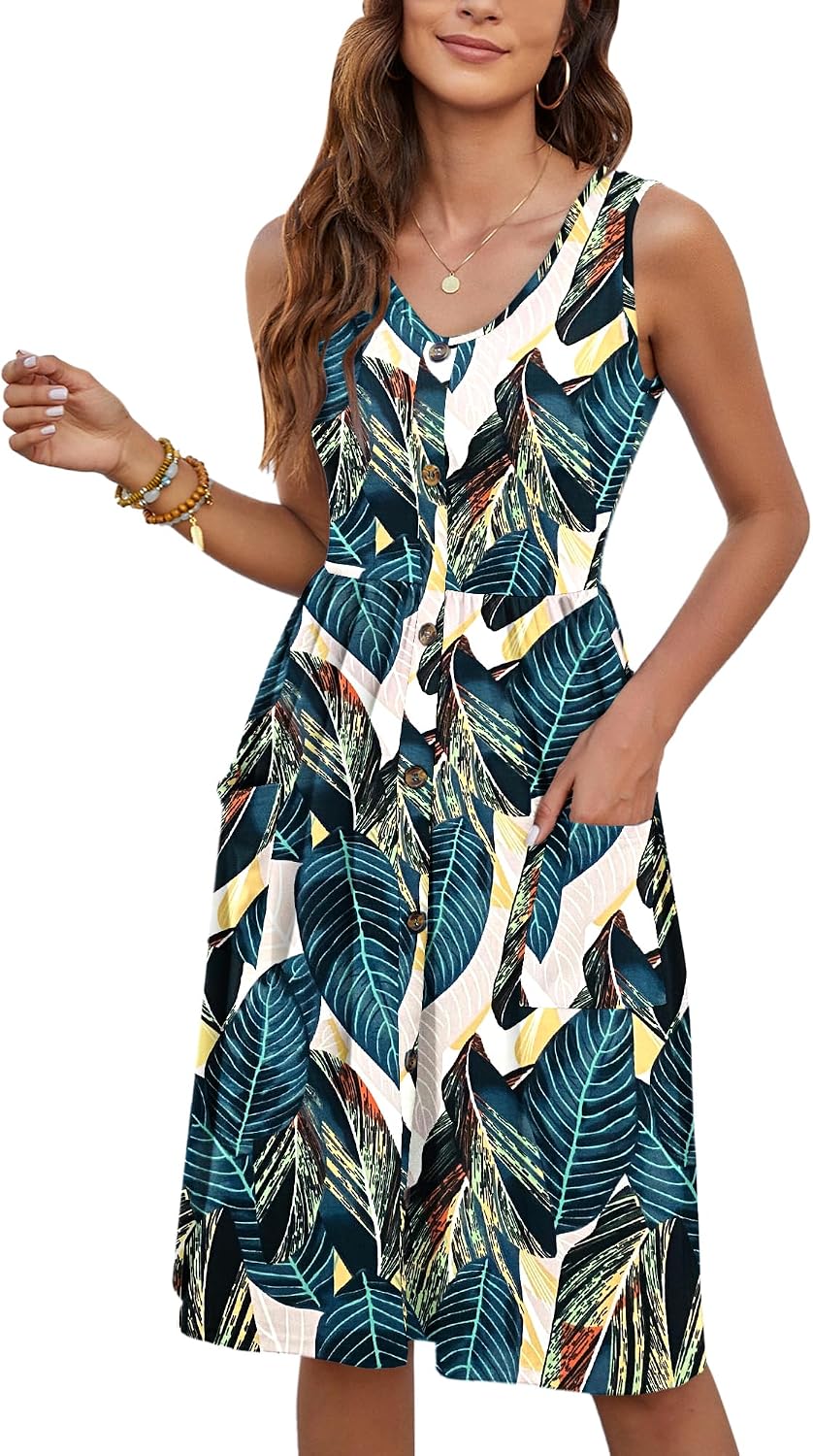 MOLERANI Damen Sommerkleider Ärmellos Lässig Locker Swing Button-Down Midikleid mit Taschen XL Blatt