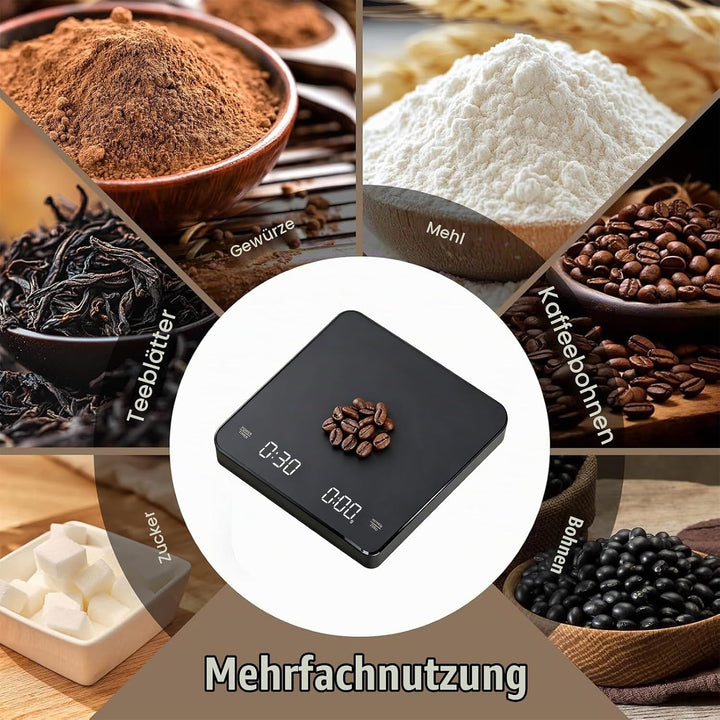 Kaffeewaage mit Timer, 3kg/0.1g Wiederaufladbare Digitale Küchenwaage, Tragbar mit LED-Anzeige &amp; Aut