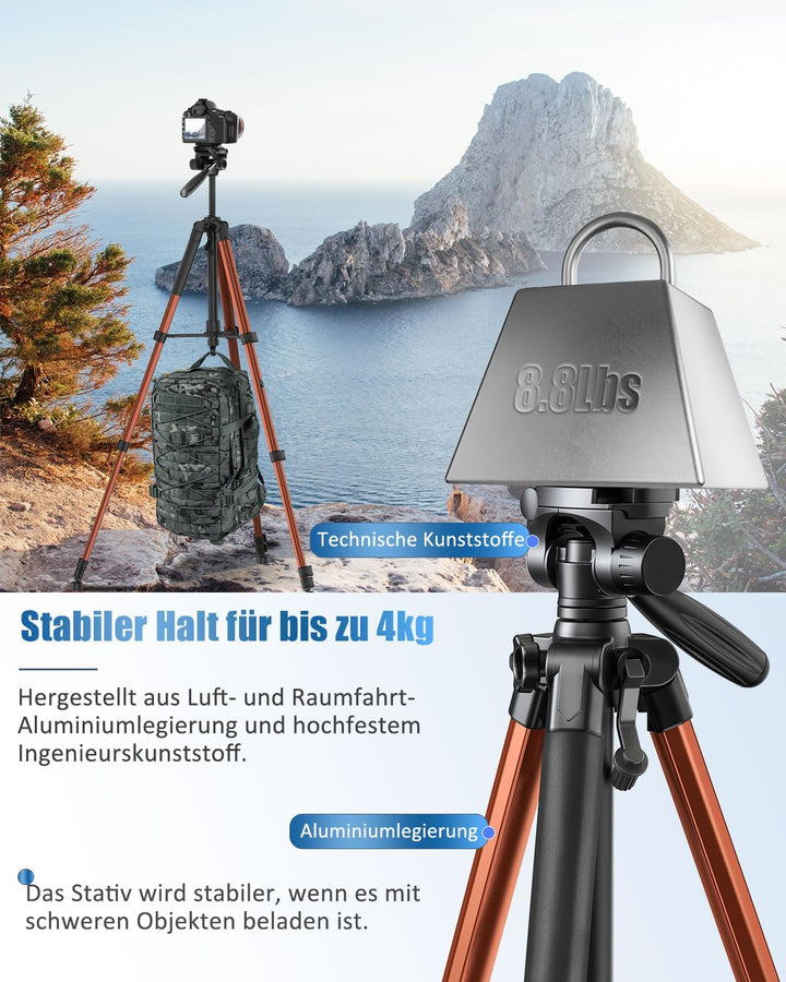 POLAM-FOTO Kamera stativ, 188 cm, Reisestativ mit Tragetasche, mit Handyhalterung, Aluminium, für Mi