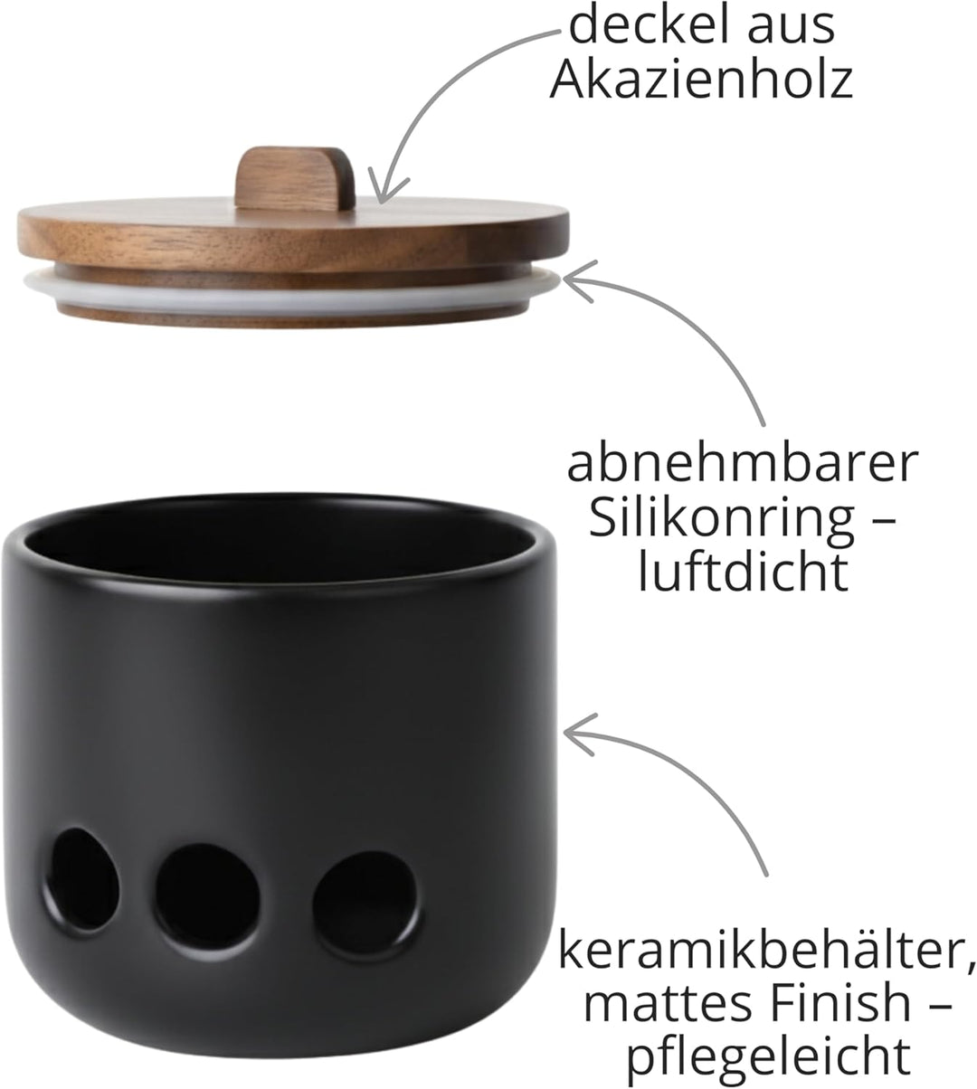 Knoblauchtopf Keramik CURVE - Belüftete Vorratsdose mit Deckel aus Akazienholz. Knoblauchbehälter fü