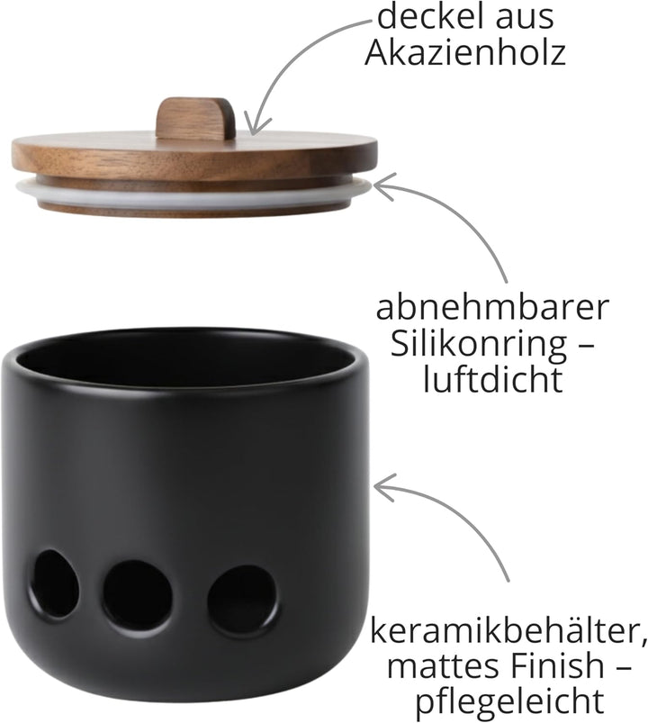 Knoblauchtopf Keramik CURVE - Belüftete Vorratsdose mit Deckel aus Akazienholz. Knoblauchbehälter fü