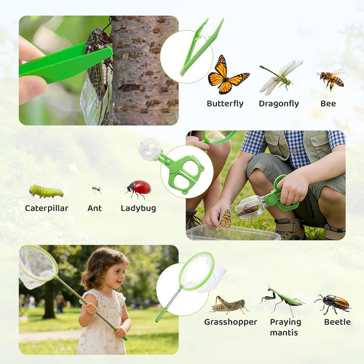Kids Outdoor Explorer Kit Forscher Set Kinder, enthält Schmetterlingsnetz, Insektenbehälter, Lupe, I