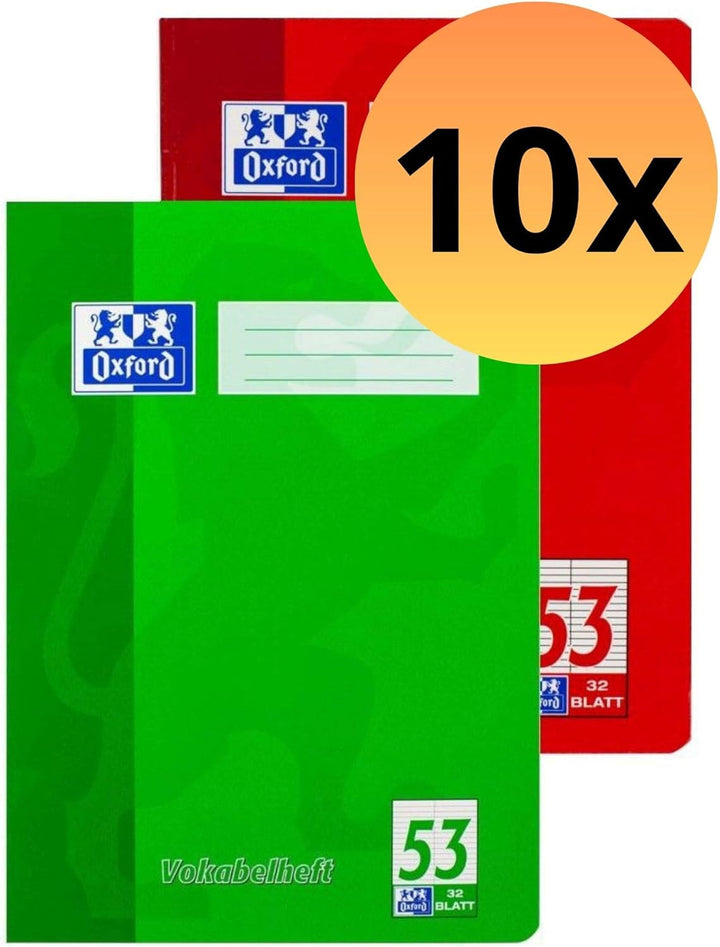 Oxford Vokabelheft, A4, Lin. 53 (2 Spalten), 32 Blatt, rot und grün, 10 Stück Single, Single