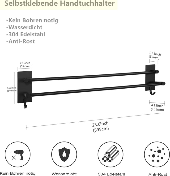 Vista Handtuchhalter Wand Doppelt 60cm Handtuchhalter ohne Bohren Schwarz SUS304 Edelstahl Handtuchs