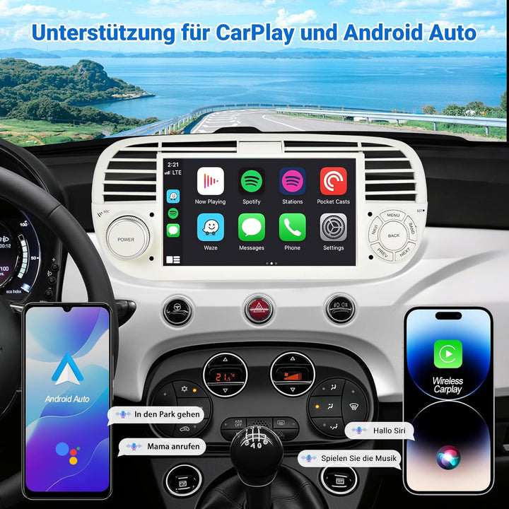 ESSGOO 4+64G Wireless Autoradio mit Carplay und Android Auto Für FIAT 500 2007-2015, Android 14 Auto