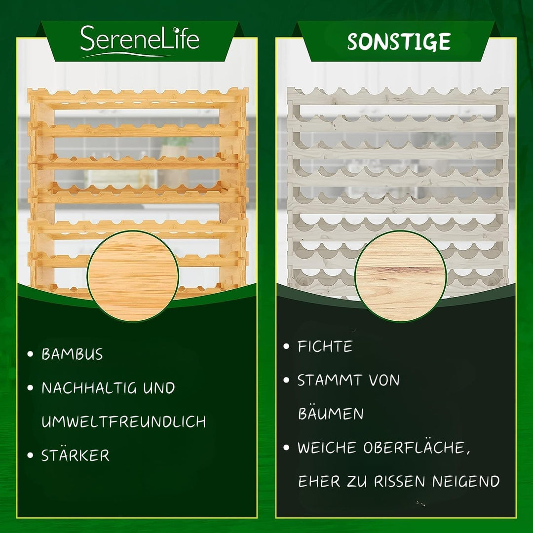 NutriChef Weinregal aus Bambus Holz – 72 Flaschen, 4 Etagen – Stapelbares Flaschenregal für Keller o