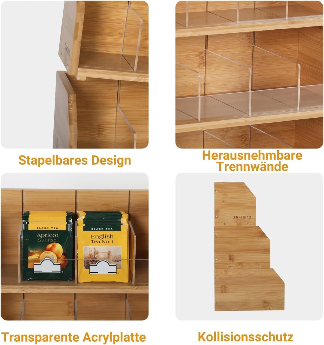 TIOPGHAD Bambus-Teebeutel-Tee-organizer, 3 Lagiger Stapelbarer Teebox Tee Beutel Aufbewahrung Behält
