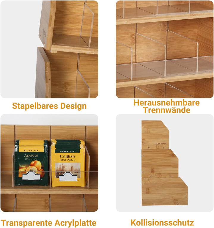 TIOPGHAD Bambus-Teebeutel-Tee-organizer, 3 Lagiger Stapelbarer Teebox Tee Beutel Aufbewahrung Behält