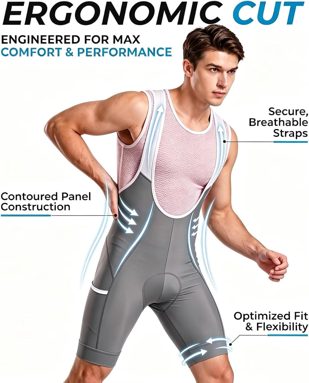 CEROTIPOLAR Radhosen für Herren, Lange Polsterung, Fahrrad-Bib-Shorts UPF50+ L Gray, L Gray